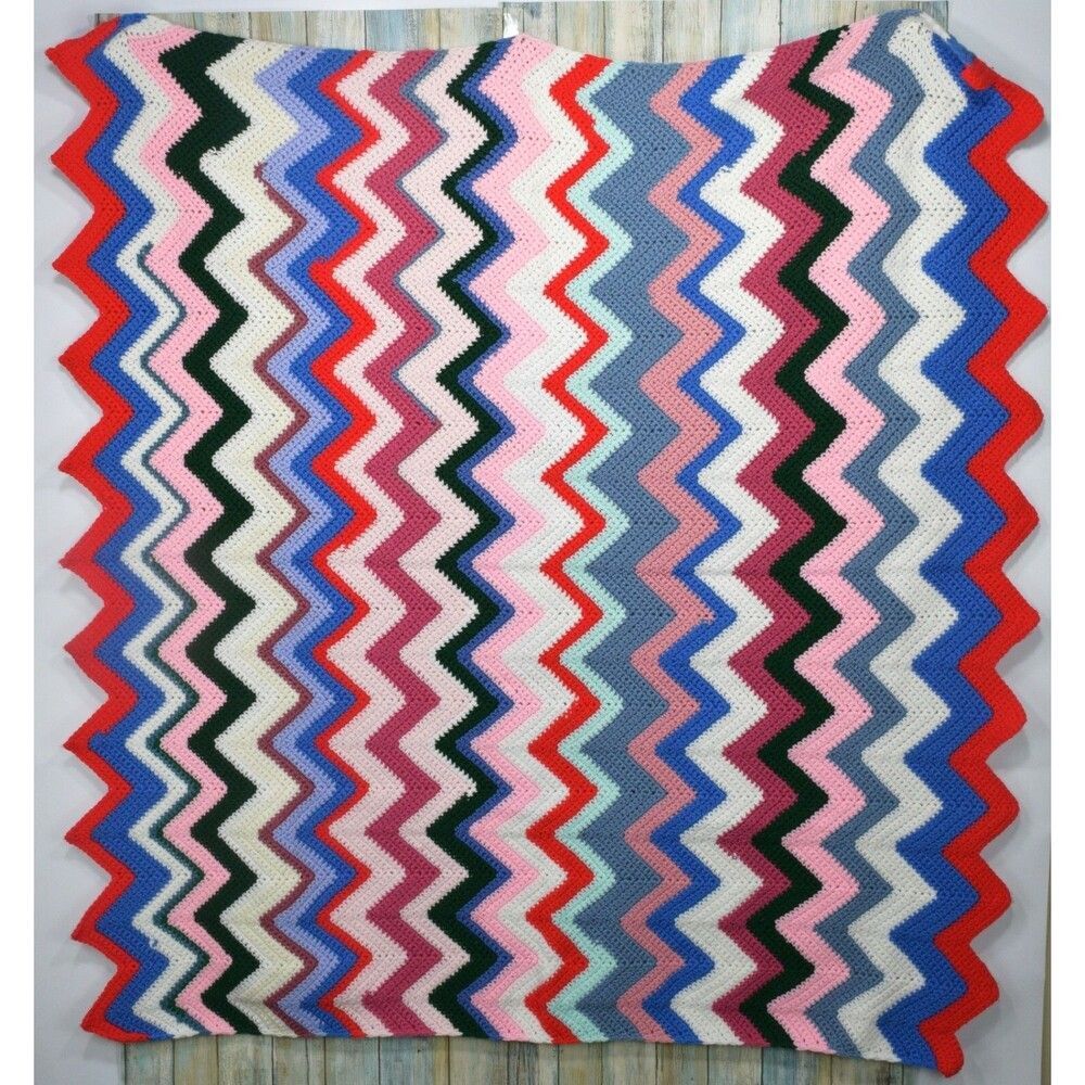 Afghan Chevron Granny Crotchet Knit Blanket 38" x 38" Multi Color Hand Made